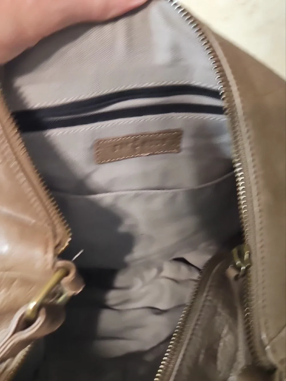 Women's Taupe Shoulder Bag with Woven Trim and Front Zip